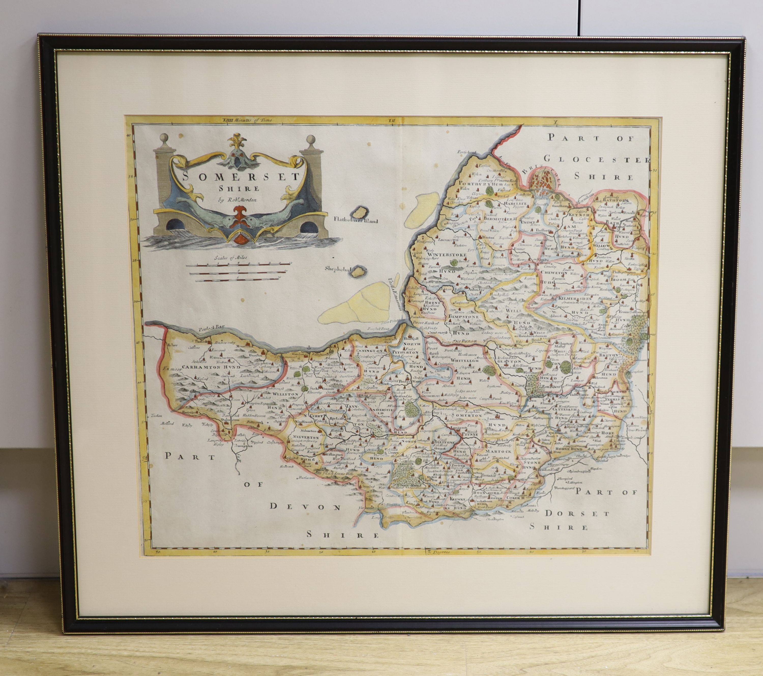 Robert Morden, (1650-1703), coloured engraving, Map of Somersetshire, circa.1695, 36 x 42cm